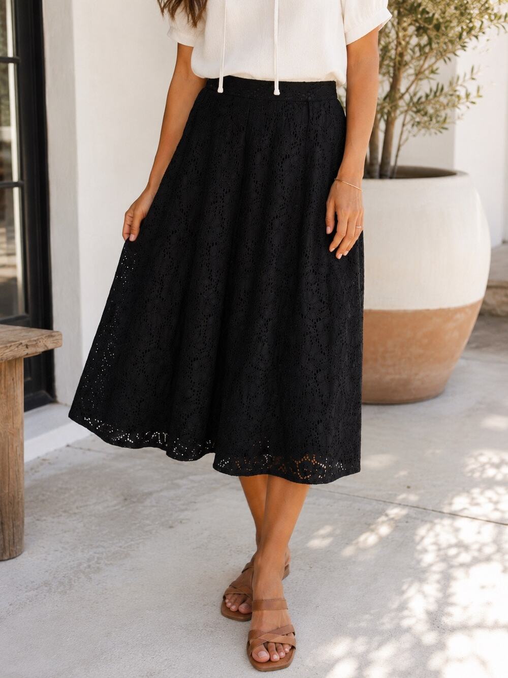 ETHYL Black Eyelet Lace Midi Skirt Floral A-Line Boho Romantic
